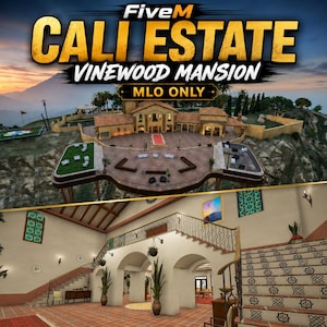 May include: A digital rendering of a mansion titled FiveM Cali Estate Vinewood Mansion MLO Only. The top shows an aerial view of a tan villa with a patio and pool. The bottom shows an interior view with a grand staircase, tiled floors, and arches.