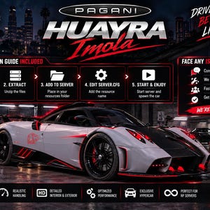 Puede incluir: Un hiperdeportivo Pagani Huayra Imola blanco y negro con detalles en rojo, mostrado en un anuncio digital. El gráfico incluye una guía de instalación de cinco pasos, información de contacto de soporte y el texto Drive Beyond Limits.