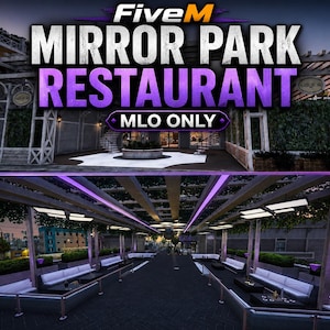 Puede incluir: Un gráfico digital para un MLO de FiveM Mirror Park Restaurant que muestra una entrada exterior y una terraza cubierta con asientos blancos, mesas negras e iluminación púrpura bajo una estructura de pérgola de madera.
