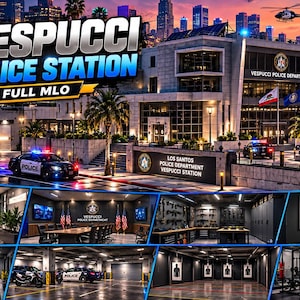 Puede incluir: Un gráfico digital que muestra la Vespucci Police Station Full MLO, con una vista exterior del edificio y patrullas, además de paneles interiores que exhiben un vestíbulo, sala de juntas, armería, sala de interrogatorios, celdas, garaje, campo de tiro y gimnasio.