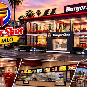 Puede incluir: Una representación digital de un restaurante Burger Shot con un edificio de cristal de dos plantas con detalles rojos, palmeras y un aparcamiento. Las vistas interiores muestran bancos rojos, un mostrador con menús y el logo Burger Shot.