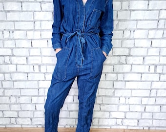 vintage dames spijkerbroek overall broek M katoenen zomerjumpsuit met lange mouwen