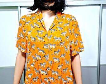 vintage womens zebra  animal print collared blouse  L summer top Orange casual  shirt