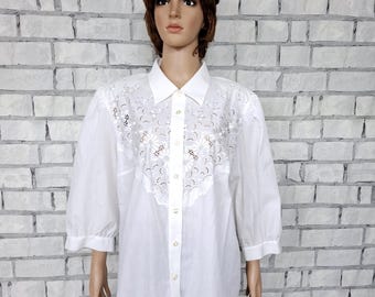 vintage  womens  Collared White formal long  puffy sleeve Elegant Classic Prairie blouse M Edwardian Victorian style