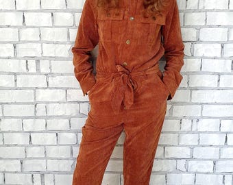 Vintage Brauner Cord Overall Hose M Frauen Overall Retro