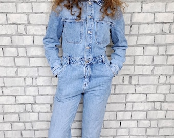 Tuta da donna vintage in denim, pantaloni, taglia S, in cotone, a maniche corte, estiva.