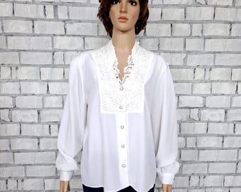 Blusa elegante clásica vintage de manga larga de satén color marfil para mujer, estilo eduardiano victoriano, talla L.