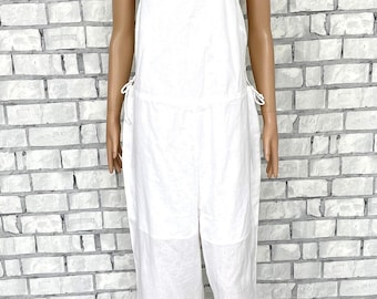 Tuta da donna estiva vintage in cotone e lino bianco, taglia L/XL