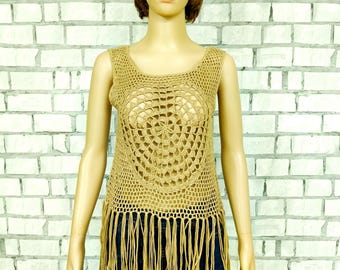 vintage Beige fringe tassel crochet  beach  summer Top M Festival  Bohemian party top