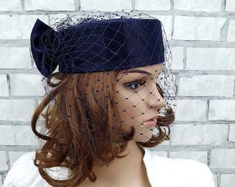 Vintage Navy Blue Pillbox Hat, Edwardian Style, Made in England