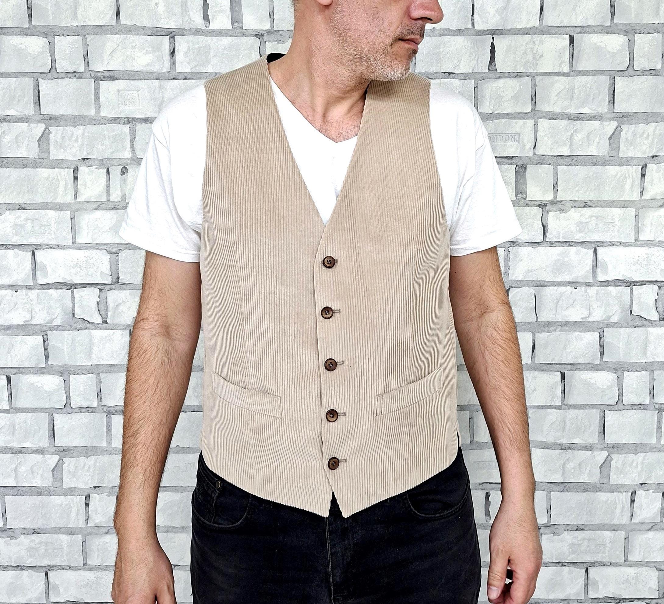 Vintage Mens Beige Corduroy Vest L Groom Wedding Formal Waistcoat