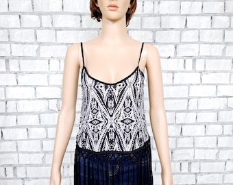 vintage black White  Fringe Tassel Tank  sleeveless Top M beach  Summer evening Festival Bohemian outfit