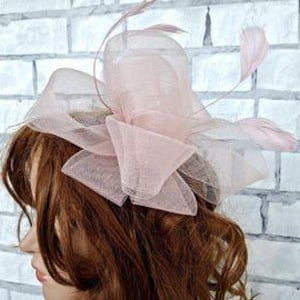May include: A light pink fascinator with a layered design and feather accents. The headpiece is made of sheer fabric and is attached to a small base. The fascinator is worn on the side of the head.