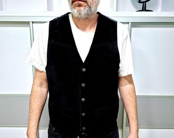 Vintage herrväst i svart mocka i äkta läder, M, cowboyväst i western, bikerväst