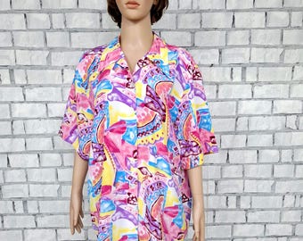 Koszula damska vintage z kołnierzykiem w tęczowym kolorze, minimalistyczna, XL, wielokolorowa, abstrakcyjna, boho, klaun