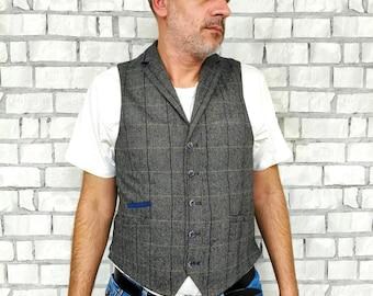 Vintage  mens Gray tweed Tartan  Plaid Vest M warm winter wedding Groom waistcoat