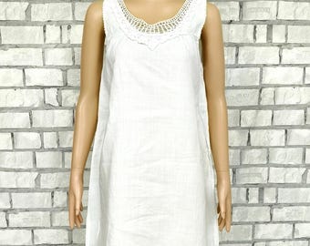 Vintage Italy  80s retro White linen Nightshirt nightgown S/M Victorian Edwardian  french slip dress Shift