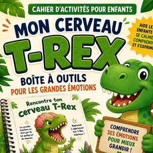 Peut inclure: Un cahier d'activités pour enfants intitulé "Mon Cerveau T-Rex", avec une illustration de dinosaure vert. Le livre est conçu pour aider les enfants à comprendre et à gérer leurs émotions. Il contient le texte "Boîte à outils pour les grandes émotions".