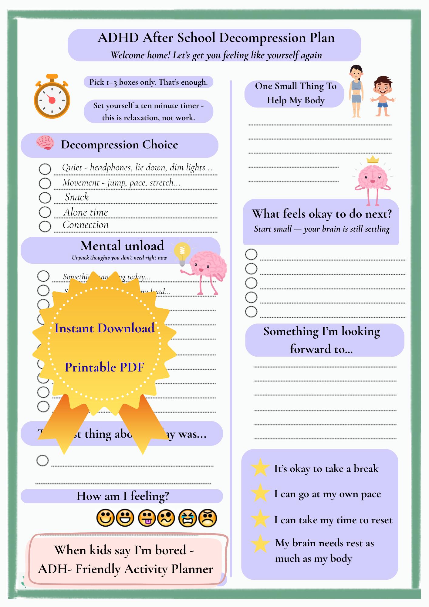 ADHD After School Decompression Printable | Emotional Regulation Tool ...