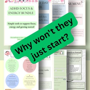 Puede incluir: Se muestra un paquete de "ADHD Focus & Energy" con el texto "Why won't they just start?". El paquete incluye herramientas sencillas para apoyar el enfoque, la energía y el inicio. Las páginas tienen ilustraciones y texto coloridos.