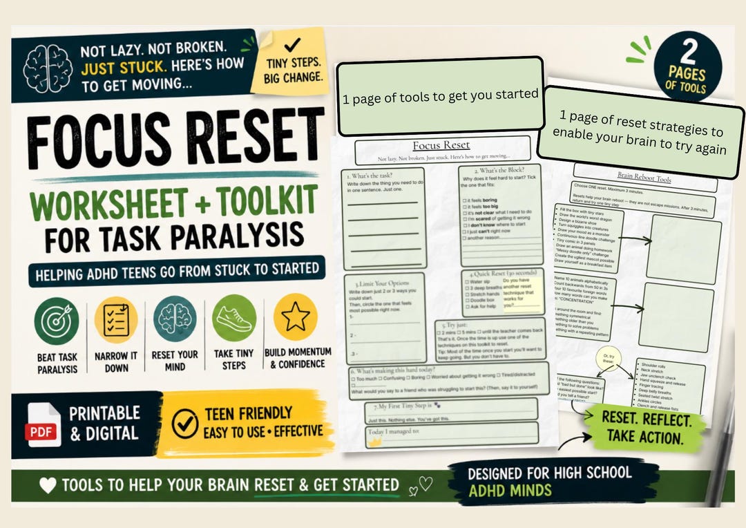 ADHD Task Paralysis Worksheet for Teens | Executive Function Printable ...