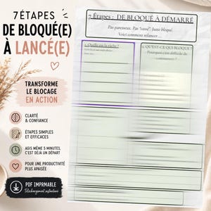 May include: A printable PDF guide with the title "7 Steps From Blocked to Launched" in French. The guide includes sections for self-reflection and action, with text like "Transform the Blockage into Action" and "Clarity & Confidence."