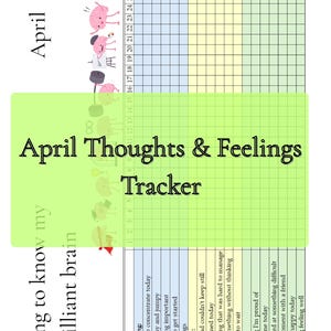 Puede incluir: Un rastreador de pensamientos y sentimientos de abril con una cuadrícula verde y amarilla para el seguimiento del estado de ánimo. El rastreador incluye indicaciones para el enfoque, los sentimientos y las cosas buenas, con ilustraciones con temas cerebrales.