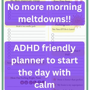 May include: ADHD morning routine planner for kids with a green border. The planner has sections for daily tasks, with the phrases "No more morning meltdowns!!" and "ADHD friendly planner to start the day with calm."