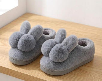 Fuzzy Bunny Ear Slippers – Plush Faux Fur House Shoes with Pom Poms