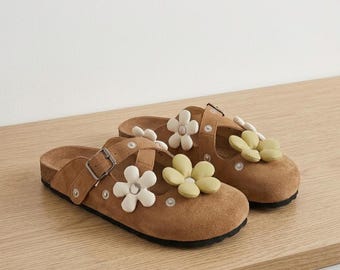 Suede Clogs with Plush Floral Accents – Boho Cork Sole Slip-On Shoes