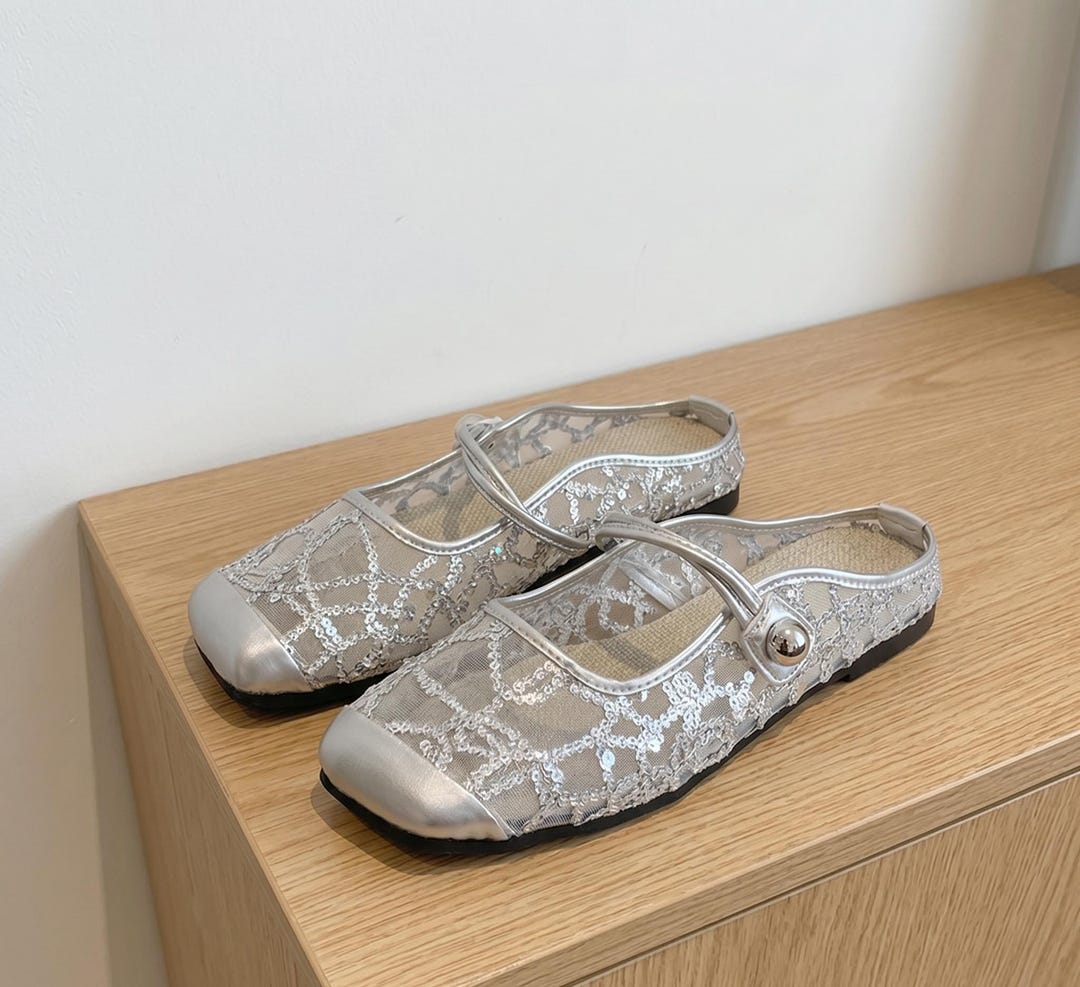 Sparkly Mesh Mary Jane Flats - Elegant Silver Embroidery Ballet Shoes ...