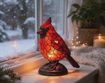 Cardinal Bird Stained Glass Lamp – Tiffany Style Red Night Light, Cozy Winter Decor, Handmade Bedside Table Lamp, Gift for Bird Lovers