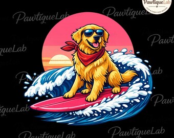 Golden Retriever surfeando una ola, perro surfista, atardecer en la playa PNG: imágenes prediseñadas de perros en la playa, verano, arte de atardecer PNG (descarga digital)