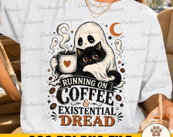 Corriendo a base de café y angustia existencial Gato fantasma Gato negro espeluznante Divertido Halloween Amante del café PNG: Clip art de gato brujo (descarga digital)