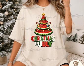 Weihnachten im Juli PNG: Wassermelonen-Weihnachtsbaum-Sublimation, Sommerurlaub PNG Tropische Strand-Weihnachts-Doodle-Kunst (Digitaler Download)