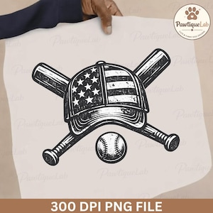 May include: A monochrome baseball-themed graphic. It features a baseball cap with an American flag design, crossed bats, and a baseball. The image includes the text "300 DPI PNG FILE".