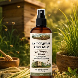 May include: A brown glass bottle of "Lemongrass Hive Mist" with a black spray nozzle. The label reads "Bee Keeper's Friend" and "Kentucky Crafted Hive Preparation Mist." The bottle is 4 oz. Bees and a wooden beehive are in the background.