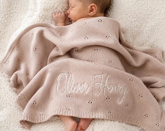 Personalized Knit Baby Blanket, Embroidered Name Pointelle Swaddle, Custom Newborn Blanket, Baby Shower Gift, Baby Announcement