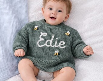 Suéter de Páscoa para Bebê, Suéter Personalizado com Nome, Roupa de Bebê Tricotada Sob Medida, Bebê Bordado, Ideia de Presente para Chá de Bebê