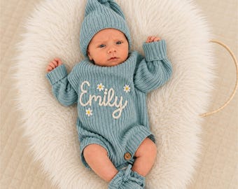 Personalized Baby Romper Set, Hand Embroidered Name Outfit, Organic Cotton Knit Coming Home Outfit, Gender Neutral Baby Gift