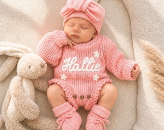Custom Baby Name Romper, Hand Embroidered Newborn Outfit, Baby Boy Baby Girl Coming Home Set, Baby Shower Gift