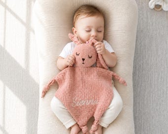 Manta de aconchego personalizada para bebê, manta de segurança com nome bordado, paninho de musselina em formato de animal, presente para chá de bebê recém-nascido
