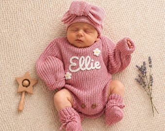 Personalized Coming Home Outfit, Hand Embroidered Baby Romper Set, Gender Neutral Newborn Gift, Organic Cotton Knit