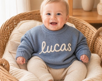 Suéter personalizado com nome de bebê, suéter de tricô personalizado para bebê, roupa com nome bordado, presente para recém-nascido, presente para chá de bebê, lembrança para bebê