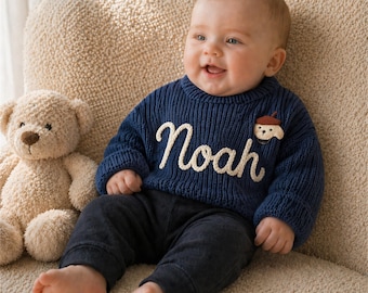 Suéter personalizado com nome do bebê, roupa de bebê personalizada, suéter de tricô bordado, conjunto infantil, presente para recém-nascido, presente para chá de bebê