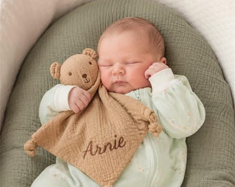 Personalisierte Schmusetuch für Baby, gestickter Name Lovey, Baumwoll Musselin Tiertröster, Baby Geschenk