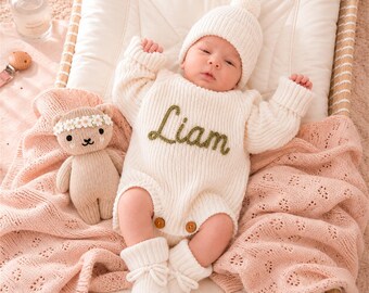 Hand Embroidered Baby Name Romper, Personalized Newborn Outfit, Organic Cotton Knit Baby Girl Boy Romper, Baby Shower Gift