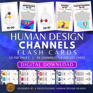 Peut inclure: Jeu de cartes flash "Human Design Channels" avec des schémas du corps humain et des symboles colorés. Le titre "HUMAN DESIGN CHANNELS FLASH CARDS" est affiché, ainsi que "DIGITAL DOWNLOAD".
