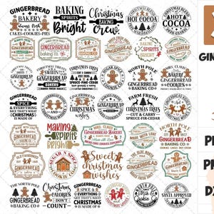 Könnte beinhalten: Eine digitale Sammlung von 39 Grafikdesigns zum Thema Lebkuchen, bestehend aus verschiedenen runden und rechteckigen Etiketten mit Text, Lebkuchenfiguren und Weihnachtsmotiven. Das Paket enthält die Dateiformate PDF, SVG, PNG, EPS und DXF.