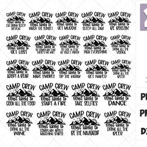 以下が含まれることがあります： 山のシルエットとCAMP CREWというテキスト、およびMost likely to eat drink sleep repeatのような様々なフレーズが描かれた23種類の黒いグラフィックデザインのデジタルコレクション。PDF、SVG、PNG、EPS、DXFのファイル形式が含まれており、すぐにダウンロード可能です。